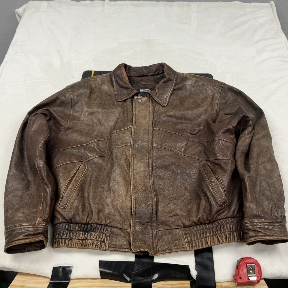Adventure Bound Leather Bomber Jacket Mens L Brown Wilsons Thinsulate Plaid